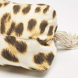 Roberto Cavalli White/Brown Leopard Print Canvas Tassel Hobo