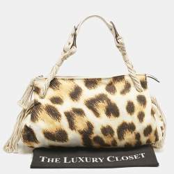 Roberto Cavalli White/Brown Leopard Print Canvas Tassel Hobo