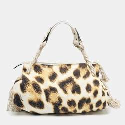 Roberto Cavalli White/Brown Leopard Print Canvas Tassel Hobo
