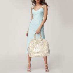 Roberto Cavalli Metallic Gold Textured Leather Chain Detail Handle Satchel