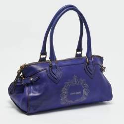 Roberto Cavalli Dark Blue Leather Logo Embossed Satchel