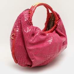 Pre Owned Roberto Cavalli Pink Croc Embossed Leather Hobo
