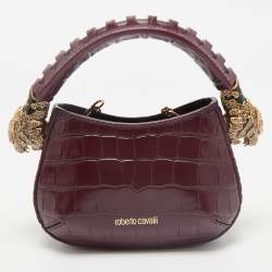 Roberto Cavalli Burgundy Croc Embossed Leather Mini Roar Top Handle Bag