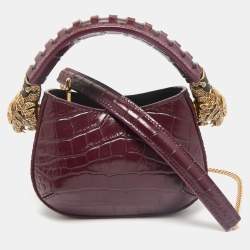 Roberto Cavalli Burgundy Croc Embossed Leather Mini Roar Top Handle Bag