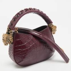 Roberto Cavalli Burgundy Croc Embossed Leather Mini Roar Top Handle Bag