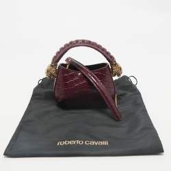 Roberto Cavalli Burgundy Croc Embossed Leather Mini Roar Top Handle Bag
