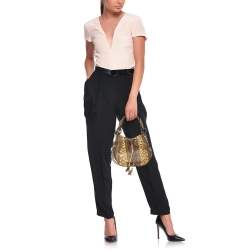 Roberto Cavalli Yellow/Brown Foil Leather and Karung Leather Tassel Drawstring Hobo