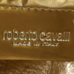 Roberto Cavalli Yellow/Brown Foil Leather and Karung Leather Tassel Drawstring Hobo