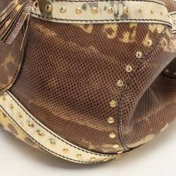 Roberto Cavalli Yellow/Brown Foil Leather and Karung Leather Tassel Drawstring Hobo