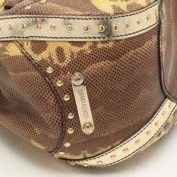 Roberto Cavalli Yellow/Brown Foil Leather and Karung Leather Tassel Drawstring Hobo