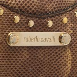 Roberto Cavalli Yellow/Brown Foil Leather and Karung Leather Tassel Drawstring Hobo