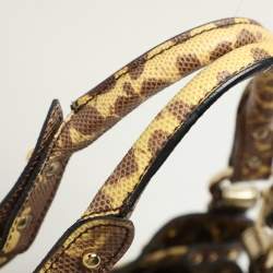 Roberto Cavalli Yellow/Brown Foil Leather and Karung Leather Tassel Drawstring Hobo