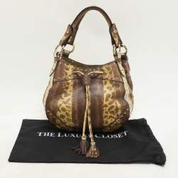 Roberto Cavalli Yellow/Brown Foil Leather and Karung Leather Tassel Drawstring Hobo