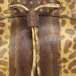 Roberto Cavalli Yellow/Brown Foil Leather and Karung Leather Tassel Drawstring Hobo