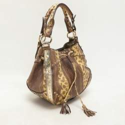 Roberto Cavalli Yellow/Brown Foil Leather and Karung Leather Tassel Drawstring Hobo
