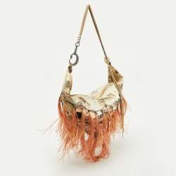 Pre Owned Roberto Cavalli Multicolor Printed Satin Feather Trimmed Shoulder Bag