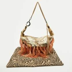 Pre Owned Roberto Cavalli Multicolor Printed Satin Feather Trimmed Shoulder Bag
