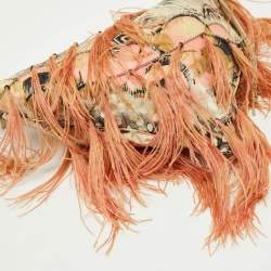 Pre Owned Roberto Cavalli Multicolor Printed Satin Feather Trimmed Shoulder Bag