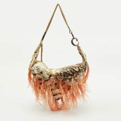 Pre Owned Roberto Cavalli Multicolor Printed Satin Feather Trimmed Shoulder Bag