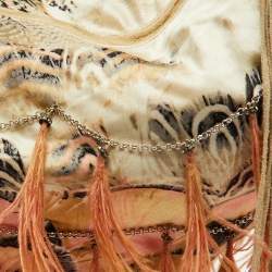 Pre Owned Roberto Cavalli Multicolor Printed Satin Feather Trimmed Shoulder Bag