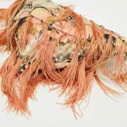 Pre Owned Roberto Cavalli Multicolor Printed Satin Feather Trimmed Shoulder Bag