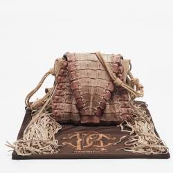 Pre Owned Roberto Cavalli Light Pink Suede and Crocodile Fringe Crossbody Bag