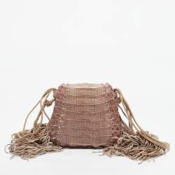 Pre Owned Roberto Cavalli Light Pink Suede and Crocodile Fringe Crossbody Bag