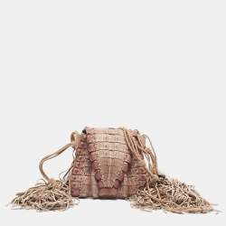 Pre Owned Roberto Cavalli Light Pink Suede and Crocodile Fringe Crossbody Bag