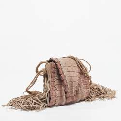 Pre Owned Roberto Cavalli Light Pink Suede and Crocodile Fringe Crossbody Bag