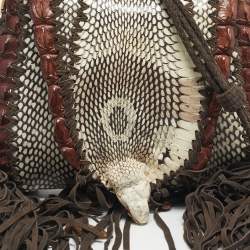 Pre Owned Roberto Cavalli Dark Brown/White Suede, Snakeskin and Crocodile Fringe Crossbody Bag
