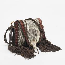Pre Owned Roberto Cavalli Dark Brown/White Suede, Snakeskin and Crocodile Fringe Crossbody Bag