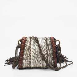 Pre Owned Roberto Cavalli Dark Brown/White Suede, Snakeskin and Crocodile Fringe Crossbody Bag