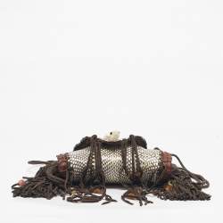 Pre Owned Roberto Cavalli Dark Brown/White Suede, Snakeskin and Crocodile Fringe Crossbody Bag
