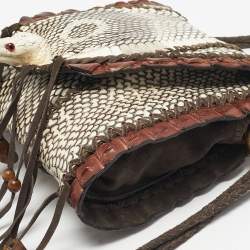 Pre Owned Roberto Cavalli Dark Brown/White Suede, Snakeskin and Crocodile Fringe Crossbody Bag