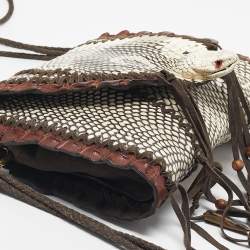 Pre Owned Roberto Cavalli Dark Brown/White Suede, Snakeskin and Crocodile Fringe Crossbody Bag