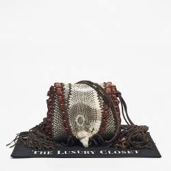 Pre Owned Roberto Cavalli Dark Brown/White Suede, Snakeskin and Crocodile Fringe Crossbody Bag