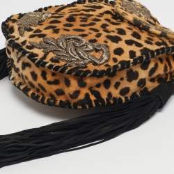 Pre Owned Roberto Cavalli Brown/Black Leopard Print Calf Hair Embroidered Tassel Crossbody Bag