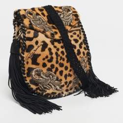 Pre Owned Roberto Cavalli Brown/Black Leopard Print Calf Hair Embroidered Tassel Crossbody Bag