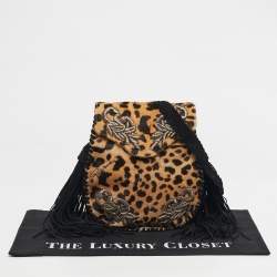 Pre Owned Roberto Cavalli Brown/Black Leopard Print Calf Hair Embroidered Tassel Crossbody Bag