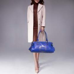 Pre Owned Roberto Cavalli Royal Blue Leather Logo Zip Satchel