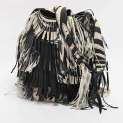 Pre Owned Roberto Cavalli Black/Cream Leather Fringes Bucket Bag