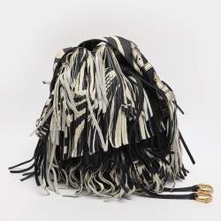 Pre Owned Roberto Cavalli Black/Cream Leather Fringes Bucket Bag