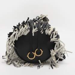 Pre Owned Roberto Cavalli Black/Cream Leather Fringes Bucket Bag