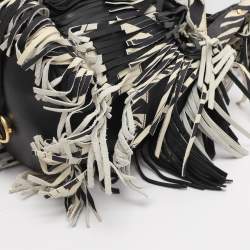 Pre Owned Roberto Cavalli Black/Cream Leather Fringes Bucket Bag