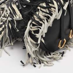 Pre Owned Roberto Cavalli Black/Cream Leather Fringes Bucket Bag