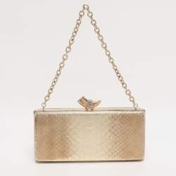Pre Owned Roberto Cavalli Gold Python Embossed Leather Box Chain Clutch