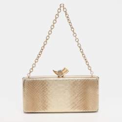 Pre Owned Roberto Cavalli Gold Python Embossed Leather Box Chain Clutch