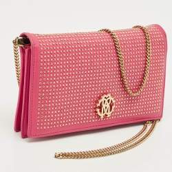 Pre Owned Roberto Cavalli Pink Leather Studded Wallet on Chain