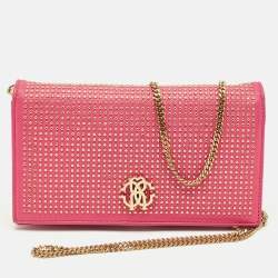 Pre Owned Roberto Cavalli Pink Leather Studded Wallet on Chain