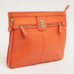 Pre Owned Roberto Cavalli Orange Leather RC Logo Zip Aound Clutch
